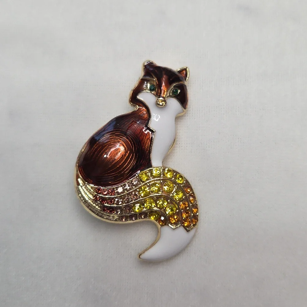 Women's Brown Fox Brooch Retro Style Pin Rhinestones Sparkling Elegant NWOT